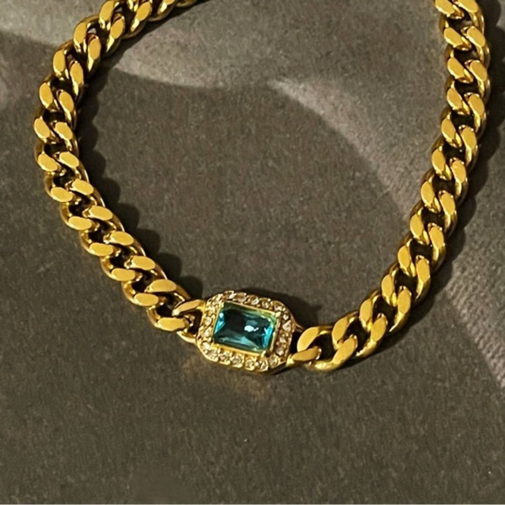 ✨18K Gold Plated Chain Necklace with Sea Blue Zircon✨